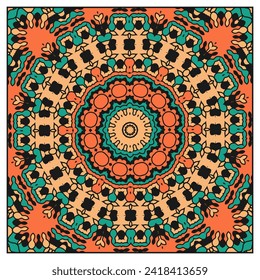 Multi-colored pattern with concentric fantasy patterns. Decorative item for neckerchief, bandana, wall decoration or other design project. Version No. 2. Vector illustration