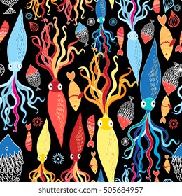 Multicolored pattern of different squid and fish on a black background


