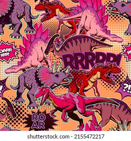 Multicolored pattern of dinosaurs in the style of pop art for printing and design. Vector illustration.