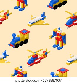 Multi-colored pattern of figures assembled from plastic blocks in isometric style for printing and decoration. Vector clipart.