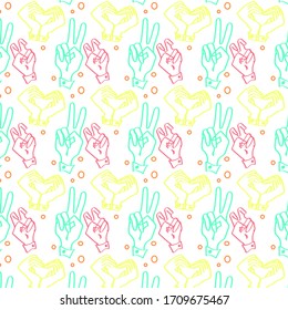 Multi-colored pattern of finger gestures.  Hands pattern . Funny hippster wallpaper.Vector