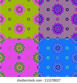 Multicolored pattern with flowers and geometric shapes