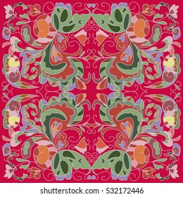 Multicolored pattern with flowers on a red background. Vector illustration