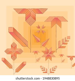 Multicolored pattern with geometric shapes squares and folk ethnic flowers