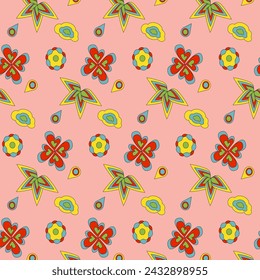 multi-colored pattern on a spring theme with flowers, clouds