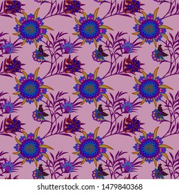Multicolored pattern in oriental style on a light purple background.