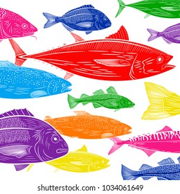 Multicolored pattern popular marine fish on a white background. Tuna, dorado, salmon, cod, mackerel. Sketch of drawing, vector illustration