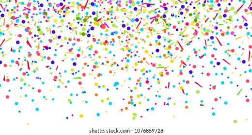 Multicolored pattern with random falling colored confetti on white background. Texture with glitters for design. Greeting cards