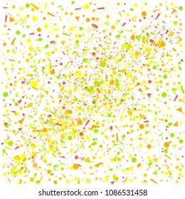 Multicolored pattern with random falling colored confetti on white background. Texture with glitters for design. Greeting cards. Explosion. Bright firework. Print for polygraphy and posters