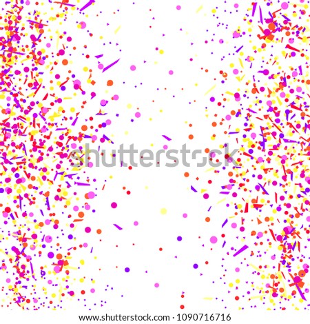 Multicolored pattern with random falling colored confetti on white background. Texture with glitters for design. Greeting cards. Explosion. Bright firework. Print for polygraphy and posters