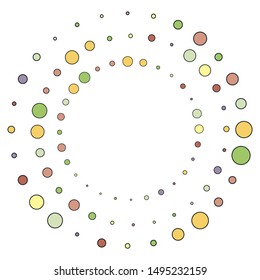 Multicolored pattern of round shapes. Fashionable abstract vector illustration for printing on textiles, Wallpaper. The frame is made of bubbles. Coloring in the form of small circles.