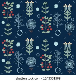 Multi-colored pattern, Scandinavian style, nature, separate elements, dark blue background, hand drawing, vector illustration