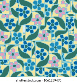 Multicolored pattern of squares with flowers. Fashionable texture.