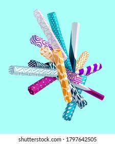 Formas geométricas con patrones multicolores sobre fondo brillante