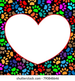 Multi-colored paw prints pet frame heart with white space for your text.