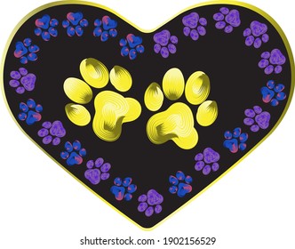 Multicolored paw track in a dark heart on transparent background. Hand drawn vector illustration.