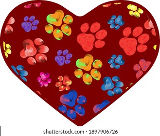 Multicolored paw tracks on red heart silhouette. Hand drawn vector illustration.