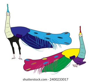 Ein mehrfarbiger Pfauenvogel steht auf zwei Beinen, sein Schwanz ist zur Seite gelenkt. Der zweite Vogel wird in einer Sitzposition gezeichnet.