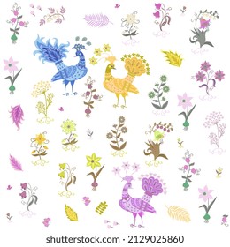 Multicolored peacocks and flowers on a white background. Romantic fabulous ornament for fabric, wallpaper in retro style.