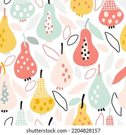 Las peras multicolores se dibujan a mano. Resumen de frutas lindas sobre fondo blanco en estilo moderno para cocina o delantal. Patrón sin foco con ilustraciones vectoriales de alimentos para una toalla o un mantel.