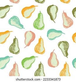 Multicolored pears seamless pattern for fabric design. Green pear textile ornament. Fruit background for Vegan banner, label juice. Red pear drawings for jam packaging. Natural Hand drawn wallpaper.	
