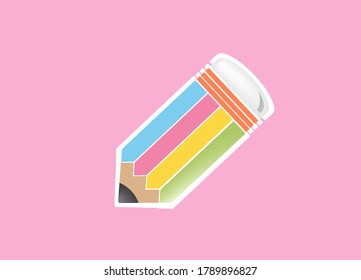 A multicolored pencil cartoon image on a pink background
