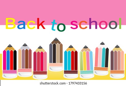 A multicolored pencil cartoon image on a white background write the word back to school