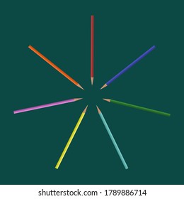 Multi-colored pencils for drawing on a green background. Vector illustration with place for text. For educational purposes