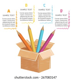 Multicolored pencils with drawn card box for infographic isolated on white background