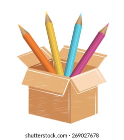 Multicolored pencils with drawn card box isolated on white background