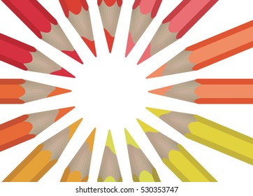 multicolored pencils laid out in a circle isolated on white background. Vector illustration