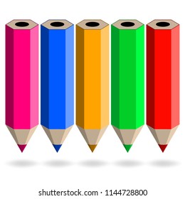 Multicolored pencils with a shadow. Style 3d stationery for school and office.