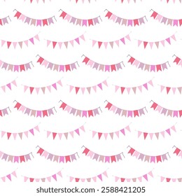 Multicolored Pennant garlands on rope Seamless Pattern in trendy pale shades. Party celebration fond