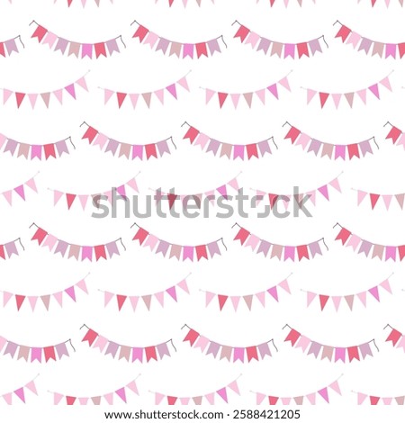 Multicolored Pennant garlands on rope Seamless Pattern in trendy pale shades. Party celebration fond