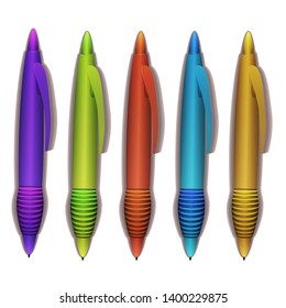 Multicolored pens. Bright, realistic style. Vector illustration. Isolated on white background.