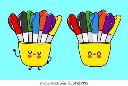 Multi-colored pens character. Vector hand drawn cartoon kawaii character illustration icon. Isolated on blue background. Happy Multi-colored pens character concept