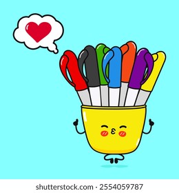 Multi-colored pens doing yoga with speech bubble. Vector hand drawn cartoon kawaii character illustration icon. Isolated on blue background. Multi-colored pens in love character concept