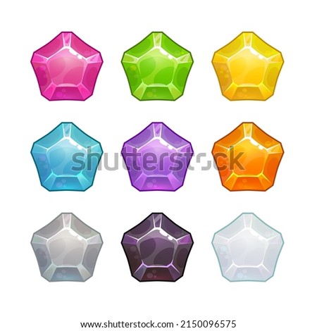 Multicolored pentagon crystal assets for game design. Shiny gemstone GUI kit. Cartoon gems collection. Colorful facet jewels set. Ruby, emerald, diamond, brilliant buttons on white background.