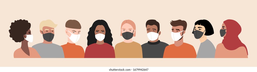 Multi-colored people in white and black face medical mask. Coronavirus, covid-19. Different nationalities in trendy colors. Vector banner illustration, isolated on light background.