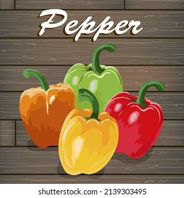 Multicolored peppers on a wooden background.Set of colorful peppers on wooden background with text in vector illustration.