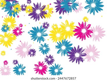 Multi-colored Petal Background White Vector. Floral Doodle Textile. Green Garden Exotic. Retro Texture. Wallpaper Pink Gerbera.