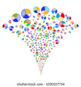 Multicolored Pie Chart exploding fountain. Object fountain constructed from random pie chart pictograms as fireworks. Vector illustration style is flat iconic symbols with psychedelic colors.