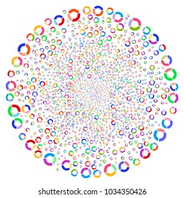 Multicolored Pie Chart twirl motion. Impressive twirl combined with random pie chart items. Vector illustration style is flat iconic symbols.