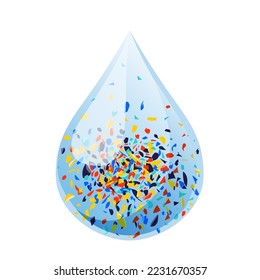 Multicolored pieces of microplastic in drop of water. Vector illustration isolated on white background