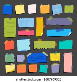 Multicolored pieces paper on gray background. Fashionable set horizontal and vertical stickers for organizing and planning day. Vector illustration. Workflow taking into account multitasking.