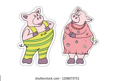 Multi-colored piglets symbol of the new year. Sticker. Vector.