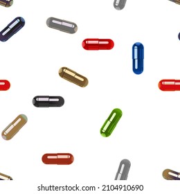 Multi-colored pills capsules on a white background. Pattern.