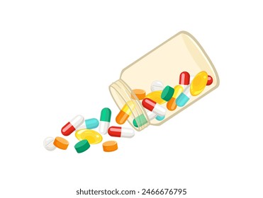 Multi-colored pills and capsules spilling out of transparent pill bottle. Vector cartoon flat illustration of open container for medication. 