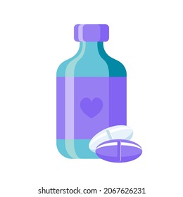 Multicolored pills next to the bottle. Vector illustration