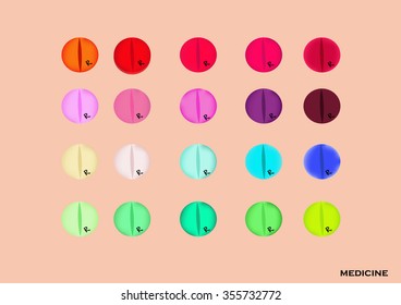 Multicolored pills in pink background.